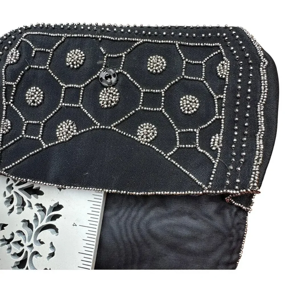 Vintage art deco beaded Black Silver flapper style clutch belt bag handmade 20s